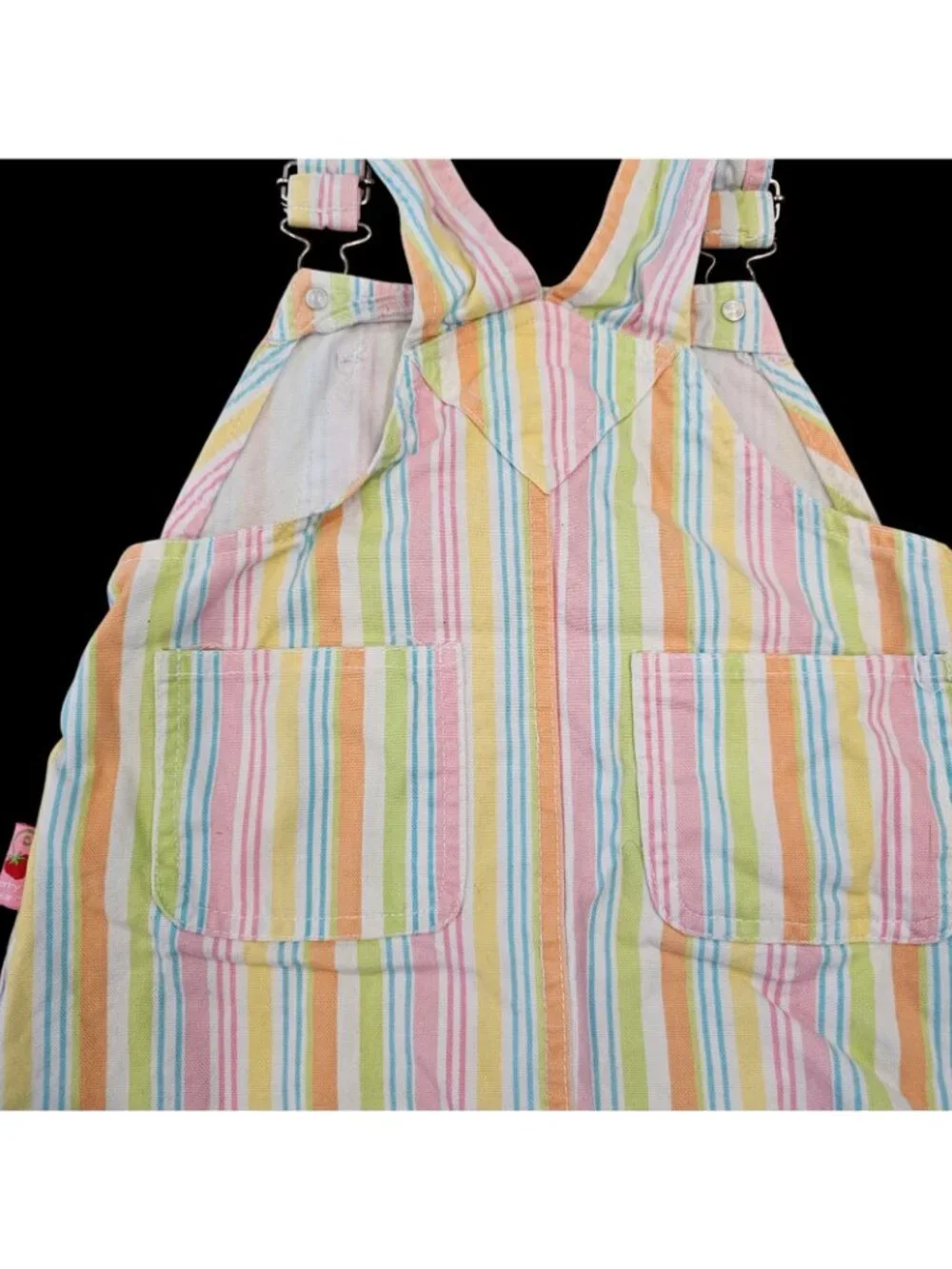 Y2K Vtg Strawberry‎ Shortcake Bib Overall Dress Denim Rainbow Striped Sz 5